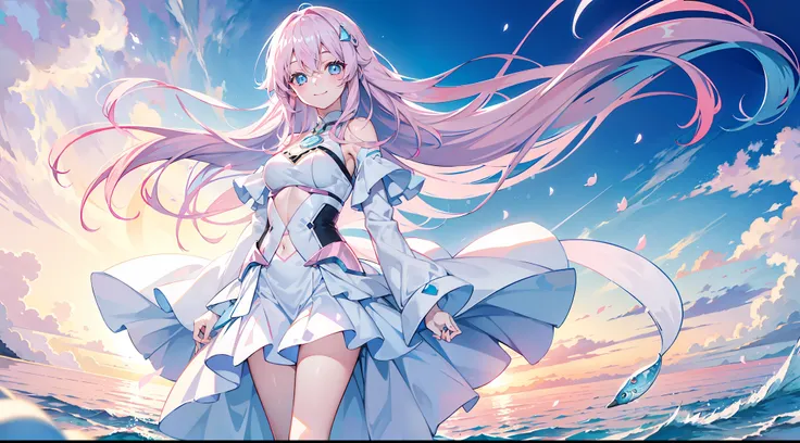 Smiling girl，Powder blue eyes，Long pale pink hair，Long hair that reaches the waist，The background is a pastel pink sky，There are fish floating in suspension