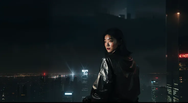 woman on the rooftop of a skyscraper in a cyberpunk city at night, city lights, rainy night, haze, foggy night, neon noir, ultra detailed, photorealistic, cinematic.