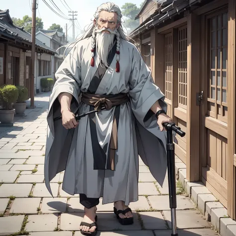 A long white hair，An ancient farmer of about 60 years old in gray Hanfu sat at a table with an angry expression（1 person in a row.5）（Set in ancient Chinese village 1.5）（Tang Dynasty 1.5）style of anime4 K，Anime rendering，style of anime（Upper body display 1....