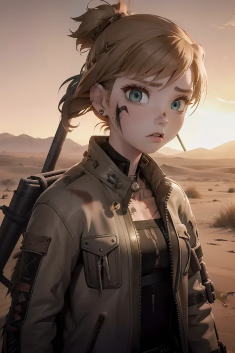 Anna, post apocalyptic, desert, mad max, scarred, Post apocalyptic desert wasteland, Mad max, ear piercing, nose ring, gothy, torn clothes, Long jacket, scarrred, scarred, scarred, bruised, beat up, scarred