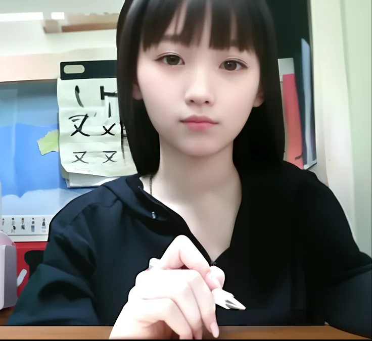 There was a woman writing something on a piece of paper, ulzzangs, small lips pointy nose, low quality photo, cruel korean goth girl, holding pencil, very very low quality picture, with very thin lips, 19-year-old girl, brunette color hair, webcam screensh...