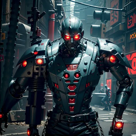 Dark_Fantasy,Cyberpunk,(chain saw,chain saw man,Red:1.1),1man,Mechanical marvel,Robotic presence,Cybernetic guardian, wearing a worn-out mech suit, intricate, (steel metal [rusty]), elegant, clear focus, shot by greg rutkowski, soft lighting, vibrant color...