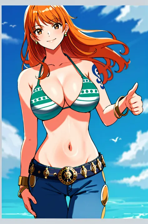 detailed background, masterpiece, best quality, 1girl, solo, nami (one piece), 1girl, bangle, bangs, bare shoulders, belt, bikini, bikini top only, blue sky, bracelet, breasts, brown eyes, bubble, cleavage, cloud, cowboy shot, day, denim, earrings, floatin...