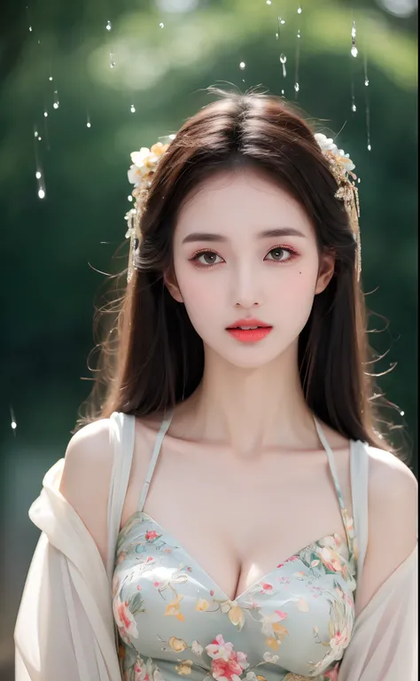 ((Best Quality, 8k, Masterpiece: 1.3)), Focus: 1.2, Perfect Body Beauty: 1.4, Buttocks: 1.2, ((Layered Haircut)), (Wet Clothes: 1.1), (Rain, Street:1.3), (Breasts: 1.2), (Hanfu: 1.2), Bare Shoulders, Bare Legs, Highly Detailed Face and Skin Texture, Fine E...