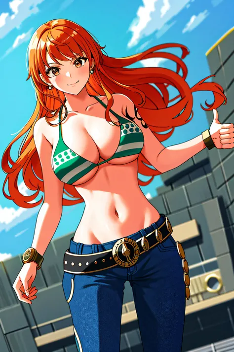 detailed background, masterpiece, best quality, 1girl, solo, nami (one piece), 1girl, bangle, bangs, bare shoulders, belt, bikini, bikini top only, blue sky, bracelet, breasts, brown eyes, bubble, cleavage, cloud, cowboy shot, day, denim, earrings, floatin...