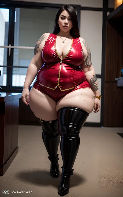 Beautiful woman，Hot pants tear，vests，Tattooed with，Super tall，Super fat，Raised sexy，，curvy build，Plus-size models，Chinese face，Masterpiece，super detailing，16k