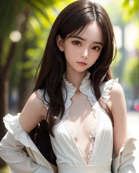 best quality, ultra hi res, photoreaslistic, a photography of a beautiful girl,  detailed face, undressing, (detailed Cropped lace blazer with a lot of frills and ribbons), Mountain, (face close up), seductive look, looking at another, random background, S...