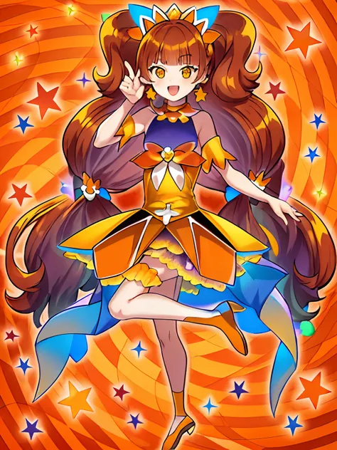 Cartoon photo of a boy with long hair and a dress, Cool, Official art, Orange and yellow and violet costume, !!Full body portrait!!, marin kitagawa fanart, official artwork, He has long orange-brown hair, Beautiful, Nami,