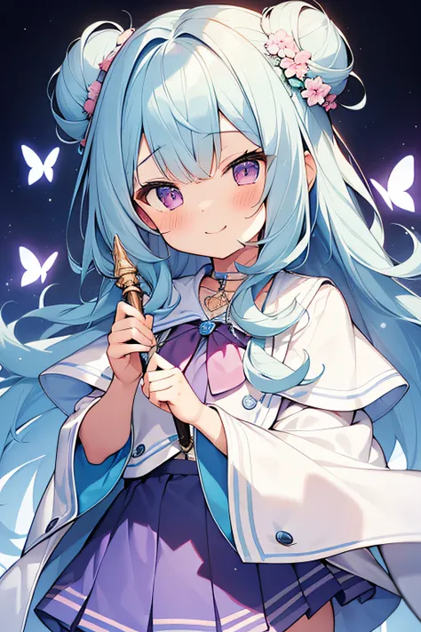 1girl, young girl, a child, elementary school student, solo, blush, (light blue hair), ((curly hair)), very long hair, double bun hair, purple eyes, white short cape, purple skirt, with many butterflies, holding a magic wand, blue sky, clear sky, smiling, ...