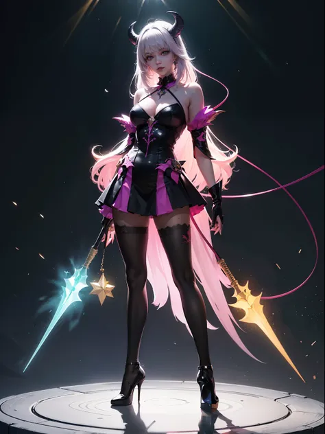 (full body:1.5)，(1girl:1.3),(looking at viewer:1.4)，(anatomy correct:1.3),(Wearing Printed Fantasy Demon Girl suit and pointed high heels ，and Very thick Printed Lolita Pantyhose :1.35), (Light particle effect:1.3),(In pink | amarelo | blue colors| green c...