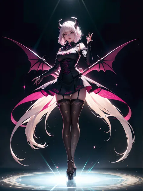 (full body:1.5)，(1girl:1.3),(looking at viewer:1.4)，(anatomy correct:1.3),(Wearing Printed Fantasy Demon Girl suit and pointed high heels ，and Very thick Printed Lolita Pantyhose :1.35), (Light particle effect:1.3),(In pink | amarelo | blue colors| green c...