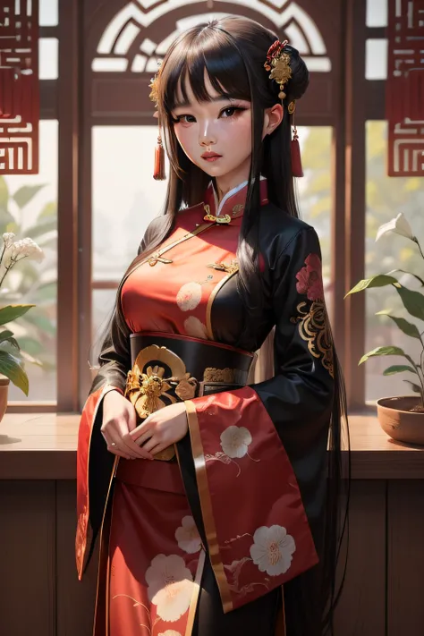 Beautiful girl with long black hair, wearing Chinese traditional costume