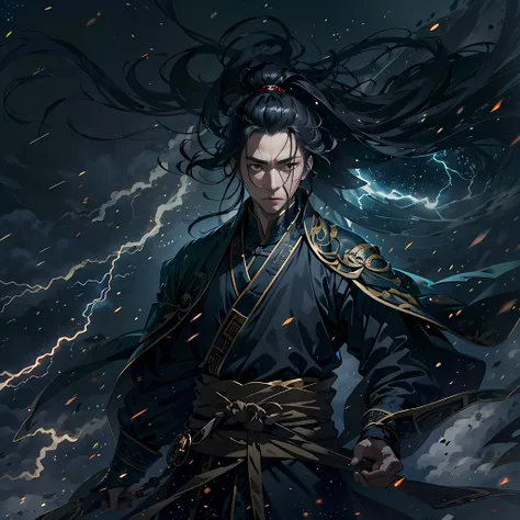 Dark theme， optic， fanciful，It was dark，storming，Lightning，in a panoramic view，China-style，（An ancient Chinese man wearing a black Han costume：1.3），Long black hair was blown by the wind，（In the huge royal palace：1.3），