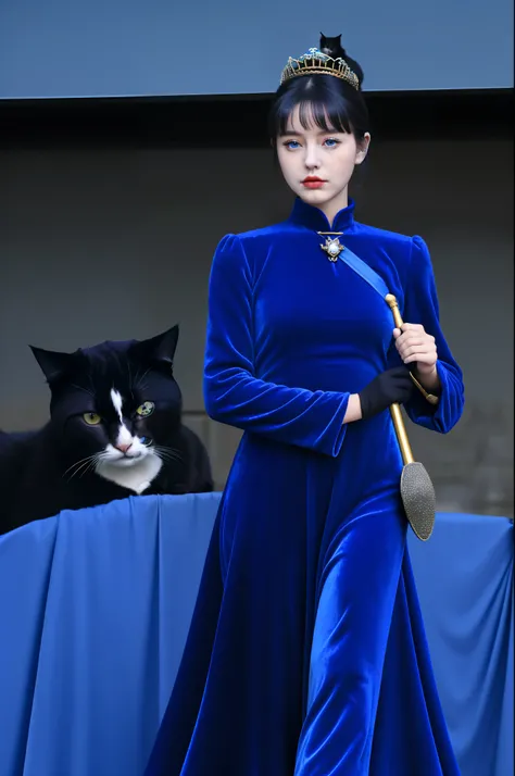 Queen of the Cat Country、Wearing a velvet dress，Cat soldiers are also marching in blue uniforms