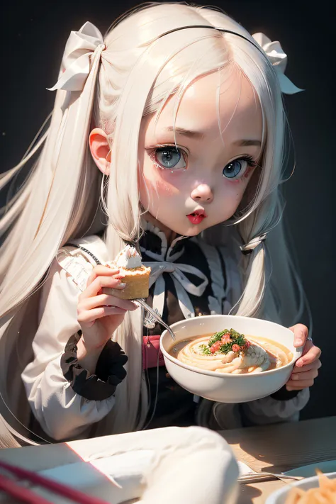 bit girl，long whitr hair，Eat，photorealestic，Best Picture Quality。