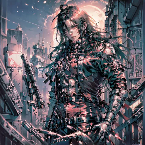 Final fantasy ((vincent valentine)), hombre, pose badass, ((combat pose)) revolver, ((abs)), atractivo, chico joven, hermoso, mirada penetrante, ojos rojos, en ciudad, tejados oscuros  nocturnos, noche con luna, detalles absurdos,