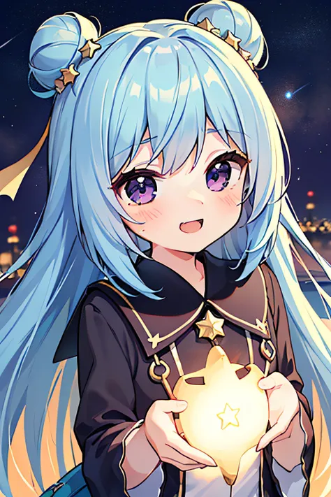 masterpiece, best quality, 1girl, solo, long hair, looking at viewer, (sky blue hair), curly hair, double bun hair, ((purple eyes)), smile, laughing, blue Magic girl dress, magic stick, a star stick, in the universe, with many stars, milky way background, ...