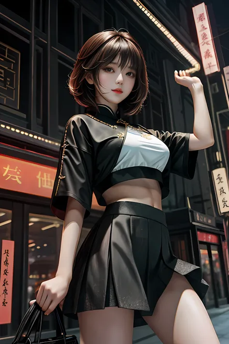 tmasterpiece， Best quality at best， lora， from below， underboobs， mediuml breasts， short  skirt， Crop tops， brunette color hair， 黑The eye，Chinese woman，Bottom-up perspective，Evening in the city，dual horsetail