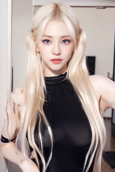 (8k, 4k, best quality, highres, ultra high res:1.1), (masterpiece, realistic, photo-realistic:1.1), 1girl,  face, close-up, twintails, blonde hair, black eyes, red lips,  (looking at viewer:2), absurdly long hair, long eyelashes, eyeshadow,  small face, bi...