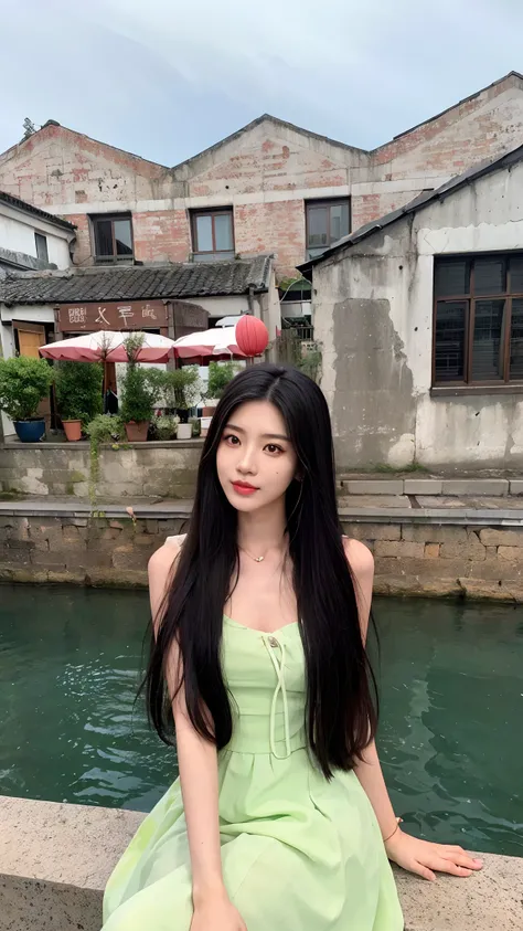 The Arapi woman sits on a stone shelf near the body of water, Asian girl with long hair, With long hair, ulzzangs, With long black hair, with straight black hair, Korean girl, Long straight hair in green and black, Young Asian girl, with long hair and pier...