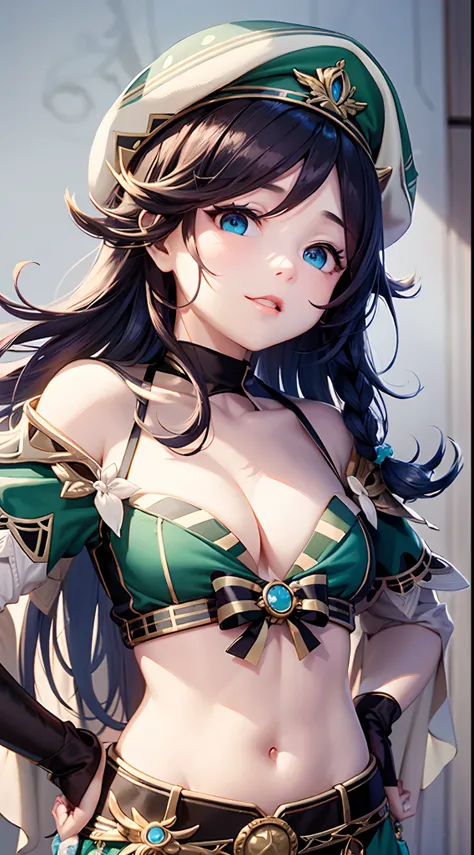 tmasterpiece,best qualtiy,1girll,(cleavage:1.5),navel,(Slim belly),(swim wears:1.5),(both hands on hip:1.5),malefocus,Venti(Genshin Impact),lyre,brunette color hair,ssmile,Double up braid,Gradient hair,O cabelo multicolorido,visions(Genshin Impact),green h...