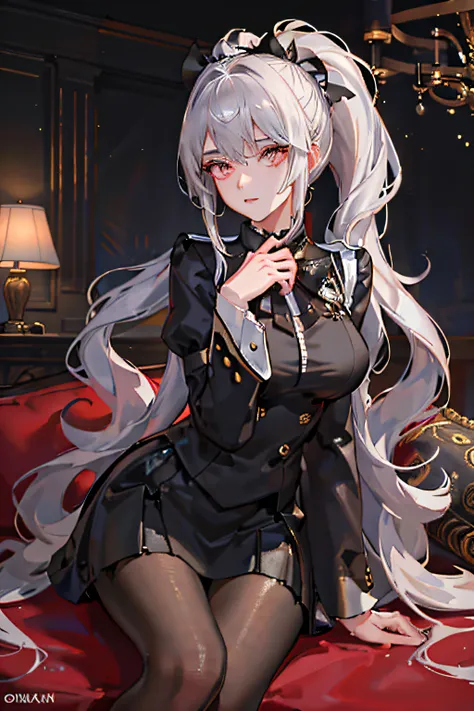 1个Giant Breast Girl！Ray traching，best shadow，A high resolution（dim murky lights）detailedbackground（liveroom）Fluffy silver hair，plump and slender girl，With a high ponytail, avoid golden eyes in the ominous living room（The girl wears a black uniform，Black wr...