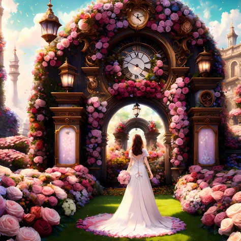 a picture(Flower Gateway Style:1)Huge clock tower in the middle of a flower garden、solo, 1girl,8k,masterpiece,Cute woman in wedding dress