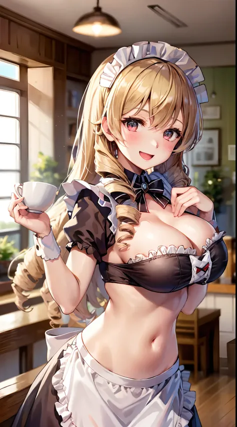 maribelle fe, 1girl in, Solo, Drill Hair, (maid:1.5), Golden hair, length hair, Twin-tailed, Pink Parker, A MILF, C cup breasts, Heart-shaped chest, Heart logo, huge smile, in coffee shop, a navel, Futomo, Navel Ejection, Grab your chest with your hands, N...