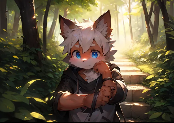 Libido boy，furry wolf，((Shota)), Black and white hair, Very good figure, Handsome，adolable, Light：Extreme light and shadow, Reflective skin,Reddish skin，((worn-out clothing，Commoner)) ，((Deep in the forest，Stone path，Signs，独奏，solo person))，Outdoor sunset，(...