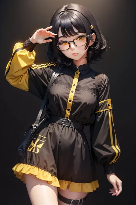 Anime moe art style，Kizi，The eye，adolable，dress in yellow，Black color hair，wears glasses