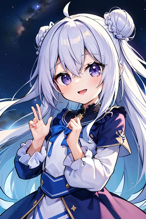 masterpiece, best quality, 1girl, solo, long hair, looking at viewer, (sky blue hair), ((curly hair)), double bun hair, bun on both sides, ((purple eyes)), smile, laughing, blue Magic girl dress, long sleeves, in the universe, (with many stars), with a sho...