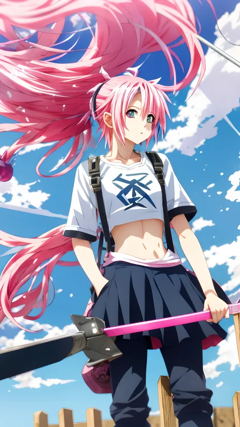 Anime girl with pink hair and sword standing on a fence, lollipop, Best anime 4k konachan wallpaper, animeaesthetic, anime vibes, style of anime4 K, Anime style. 8K, Anime style mixed with Fujifilm, anime visual of a cute girl, sakura haruno, 4k manga wall...