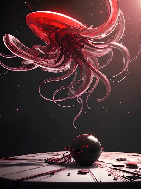 Clear alien squid on the table, The art of Philip Hodas, coustics, red shift render, Photorealism, (Black environment:1.3)