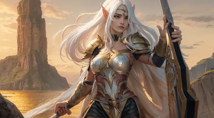 1 tall elf woman, with beautiful white hair, best quality, (beauty), narrow waist, thin, big eyes, long legs, (small breasts), swollen eyes, facing the cliff, late afternoon, (sunset), facing the viewer, fighting posture, (holding a sword and shield), a co...