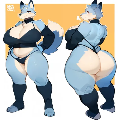 Solo, female, standing, grey fox, ((snout)), by bigcozyorca, by goonie-san, by bebebebebe, by spikedmauler, big breasts, plump, thicc, facing viewer