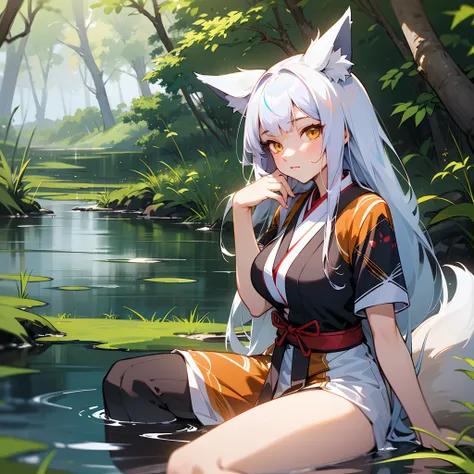 Anime girl sitting on grass by the water，There is a cat tail, White-haired fox, a beautiful kitsune woman, Holo is a wolf girl, a beautiful fox lady, Kitsune, holo if a wolf girl, relaxed poses, kitsune three - tailed fox, gazing at the water, white fox an...