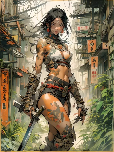 (((mulher))), (((melhor qualidade))), (((obra prima))), (((adulto))), ((( Japanese ))), view from the knee up, A beautiful Asian samurai woman with perfect body, Samurai Moderno, ((( Asian))), Hand with gloves and protection on the left arm made of steel a...