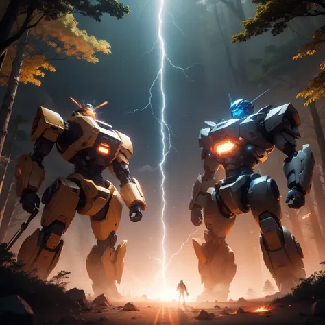 Create a thrilling scene where two transformative robots are sitting facing each other in a lush forest during sunset. The energy of battle creates a spectacle of lights and shadows among the trees.

Appearance of Robots: 
Two robust transformer robots are...