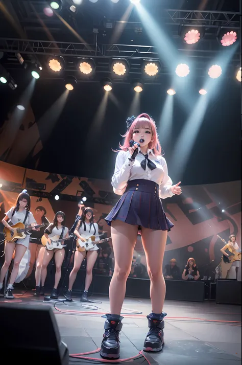 Beautiful fullbody photo of an idol singer、Masterpiece Quality、Shining Girls、Miniskirt Uniform、Bright stage lighting、Rock Stage、ultra wide-angle、from below, bimbo