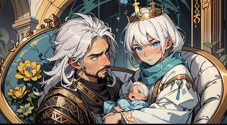 "Persian King with awe-struck expression looking at a newborn baby in a beautifully adorned basket, baby with ethereal white hair and mesmerizing blue eyes, king showcasing genuine surprise." Kings hair is brown