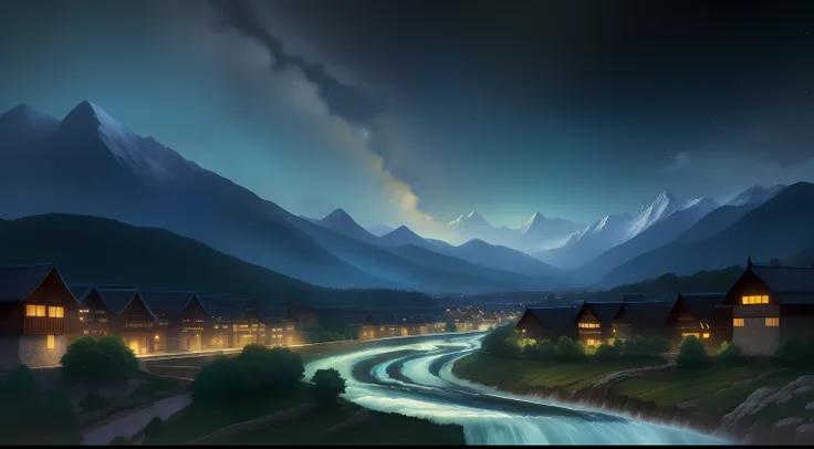 Starry sky, mountains and rivers gather in the middle, flowing water, villages, anime style