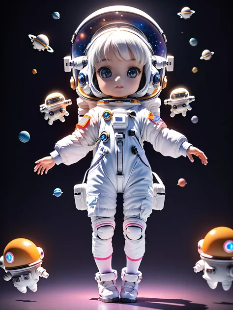 Super cute girl full body 3D picture, 1pc, good looking eyes, big eyes, cute, happy, c4d, pop matt blind box, white long hair, glowing bubbles, toys, solid color background, chibi, fluorescent translucency, luminous body, kawaii, doll, (((astronaut, spaces...