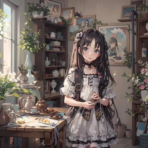 very cute female child:1.1,10 yo,Gothic Lolita:1.8, Barefoot,livingroom:1.5,Summer,day, Long hair,flat chest,Wind,Drooping sweat:1.1,(4K), (Raw photo: 1.2), (Realism: 1.4), (masutepiece: 1.3), (exquisite detailing: 1.2), Delicate and beautiful details, (Ey...