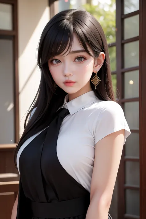 The girls face is beautiful and dignified，Thick black hair draped loosely over his shoulders，She leaned sideways，Eyes on a few children playing outside the window。Her ear wheels are white and graceful，It seems to be made of warm jade... Her cheeks are plum...