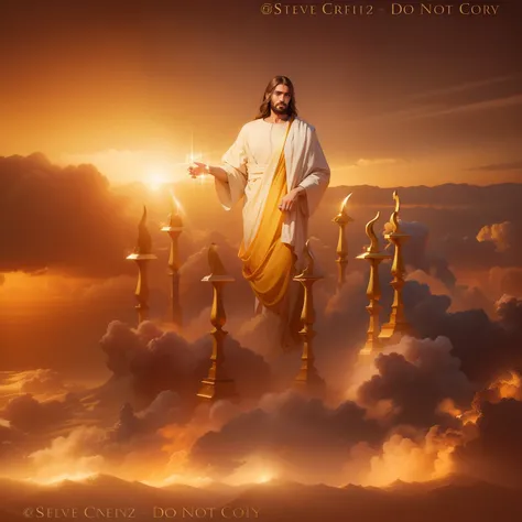 Jesus Cristo com cabelos brancos com aspecto resplandecente como o sol andando no meio de Candeeiros de Ouro puro lindo e dourado. Image with very high lighting quality, Very high resolution image, image with very high coloration, imagem realista, imagem h...