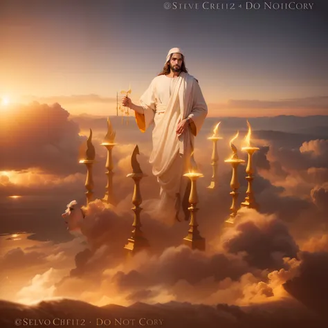 Jesus Cristo com cabelos brancos com aspecto resplandecente como o sol andando no meio de Candeeiros de Ouro puro lindo e dourado. Image with very high lighting quality, Very high resolution image, image with very high coloration, imagem realista, imagem h...