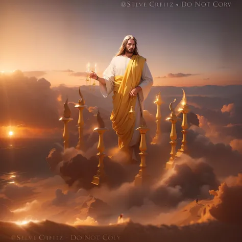 Jesus Cristo com cabelos brancos com aspecto resplandecente como o sol andando no meio de Candeeiros de Ouro puro lindo e dourado. Image with very high lighting quality, Very high resolution image, image with very high coloration, imagem realista, imagem h...