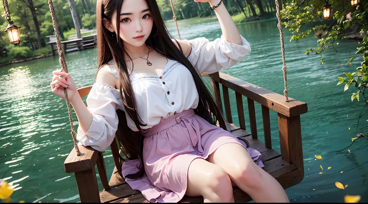 The prefect cute face girl with long flowing hair sits on a swing with a sparkling lake behind her back, moonlight spills on the lake, surrounded by forests and fireflies flying