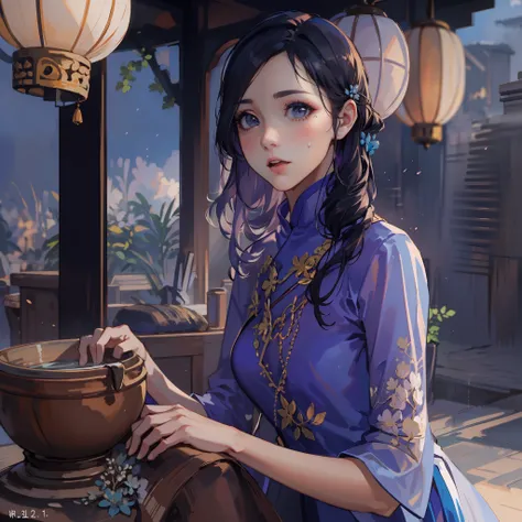 garments:Woman in blue Ao Dai:1.8,accessory:shell necklace,The hair:Long Black Hair:1.1、 make - up:natural, Glowing skin、Wearing sweat, BEReaction:relax、Free-spirited、 The location:Landscape of Vietnam:1.1,Lantern sink:1.1,4K, (Raw photo: 1.2), (Realism: 1...