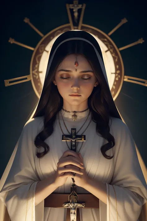 Numa noite de 1899, an image of female hands praying holding a rosary. At the tip of the Rosary is a crucifix that bears the image of Jesus Christ, gradient light background, image with the colors of the time, foto realista detalhada, cinematic,8k, Colors ...